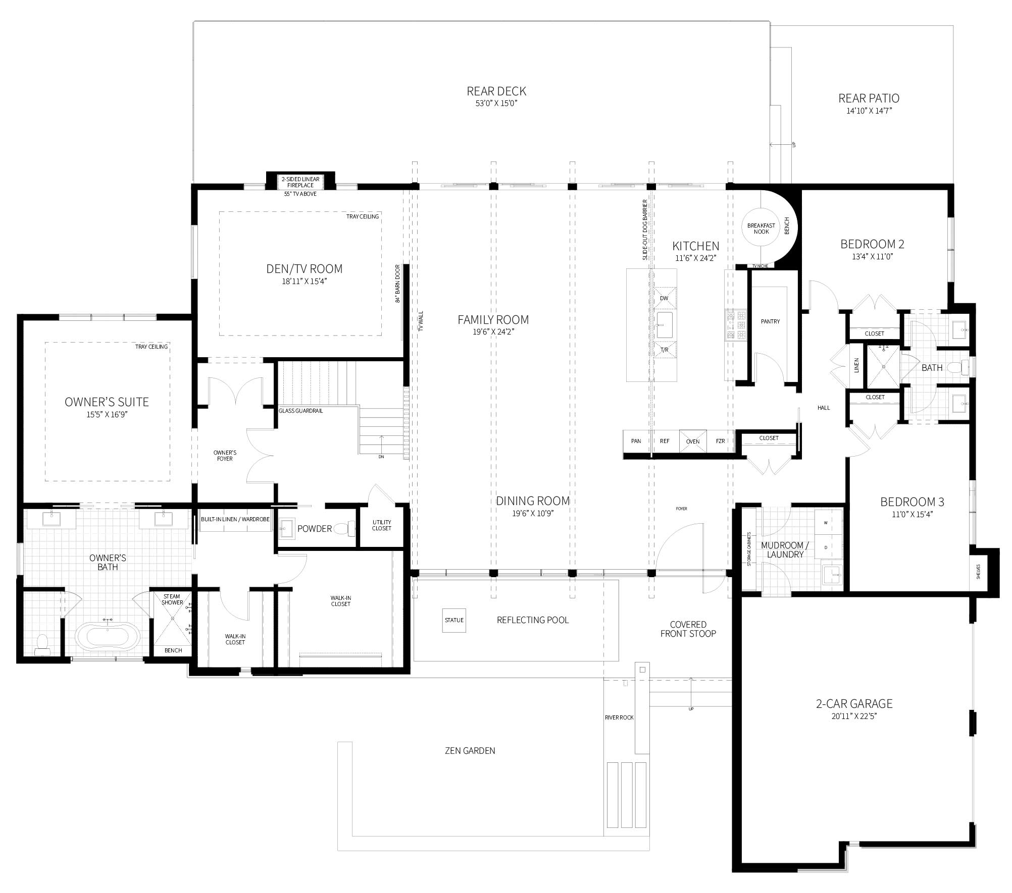 The first floor plan of a one-level california modern inspired custom home.