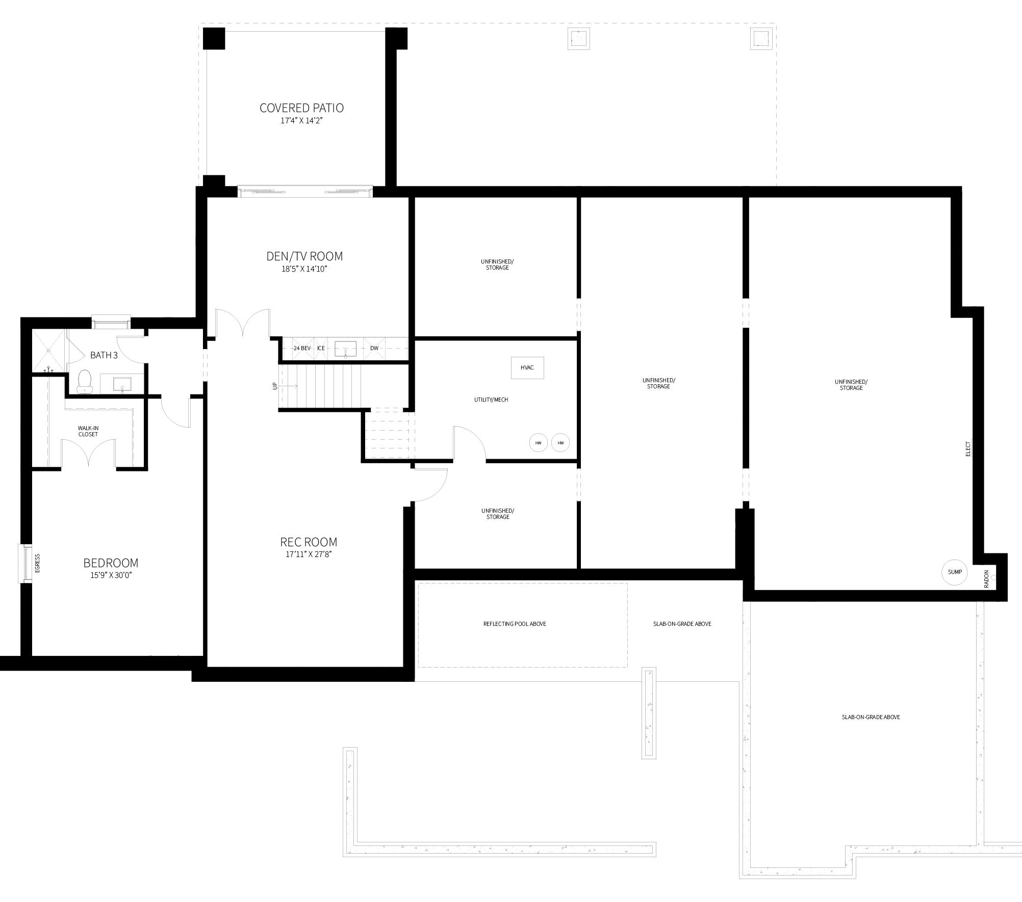 The Basement floor plan of a California Modern inspired custom home.