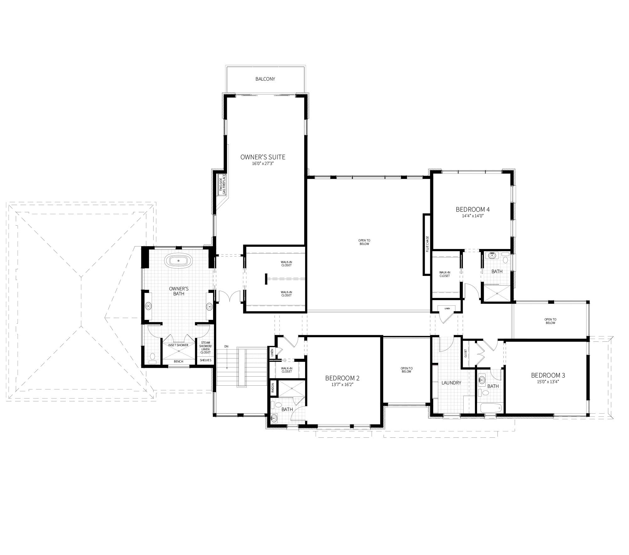 Second floor plan of the Contemporary Industrial showcase plan, with expansive owners suite and 3 additional bedrooms