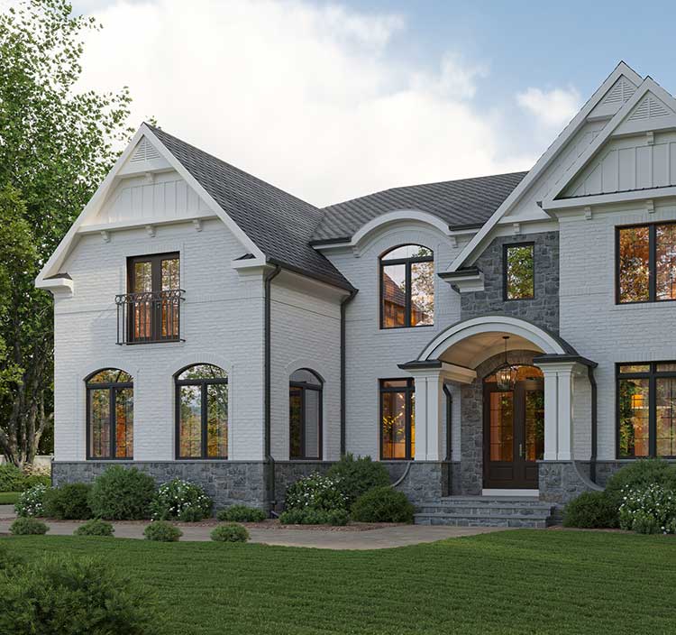 A transitional colonial elevation of white brick and grey stone with a unique curved roof portico, double reverse gable and other matching details.