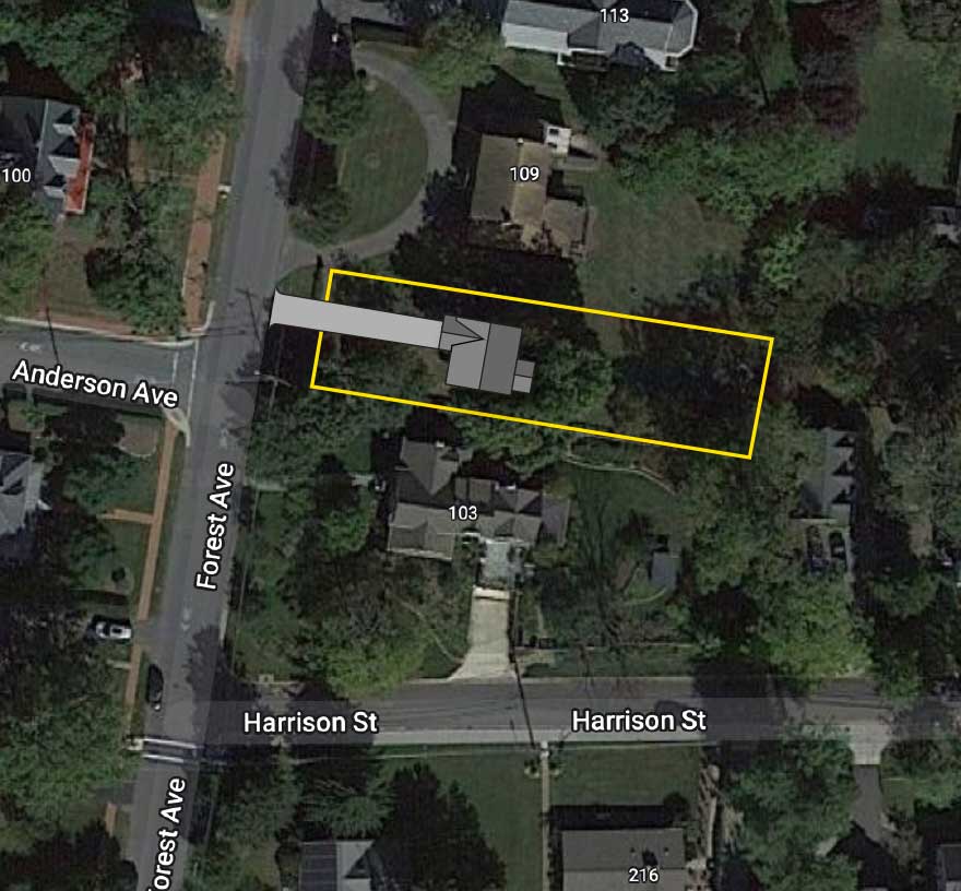 A satellite image with a site outline and house placement superimposed on top.