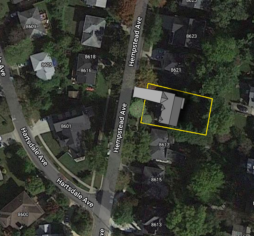An aerial of a lot on Hempstead Dr in Bethesda, showing the site outline and house placement.