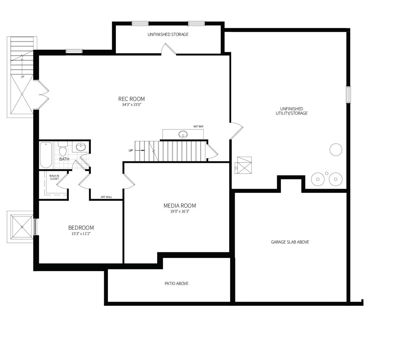 A proposed finished basement plan for the home proposed for 10827 Rock Run Dr with rec room, wet bar, bedroom and bath.