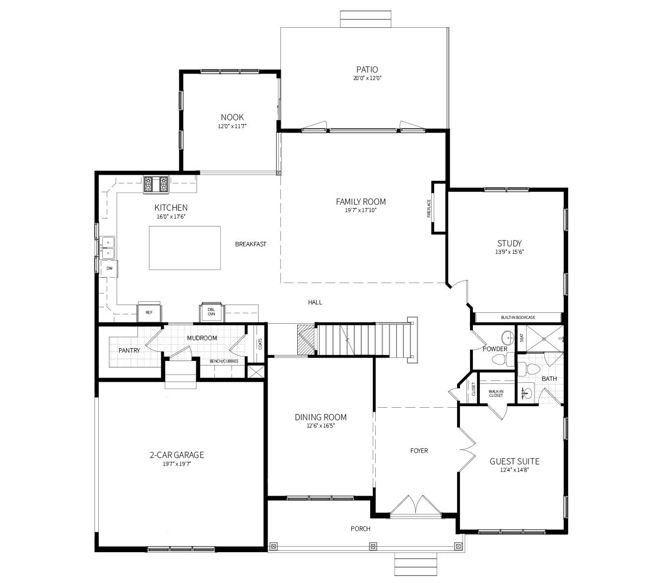 First floor plan for the home proposed for 10301 South Glen Rd - including 1st floor guest suite w/ bath, 2-car sideload garage