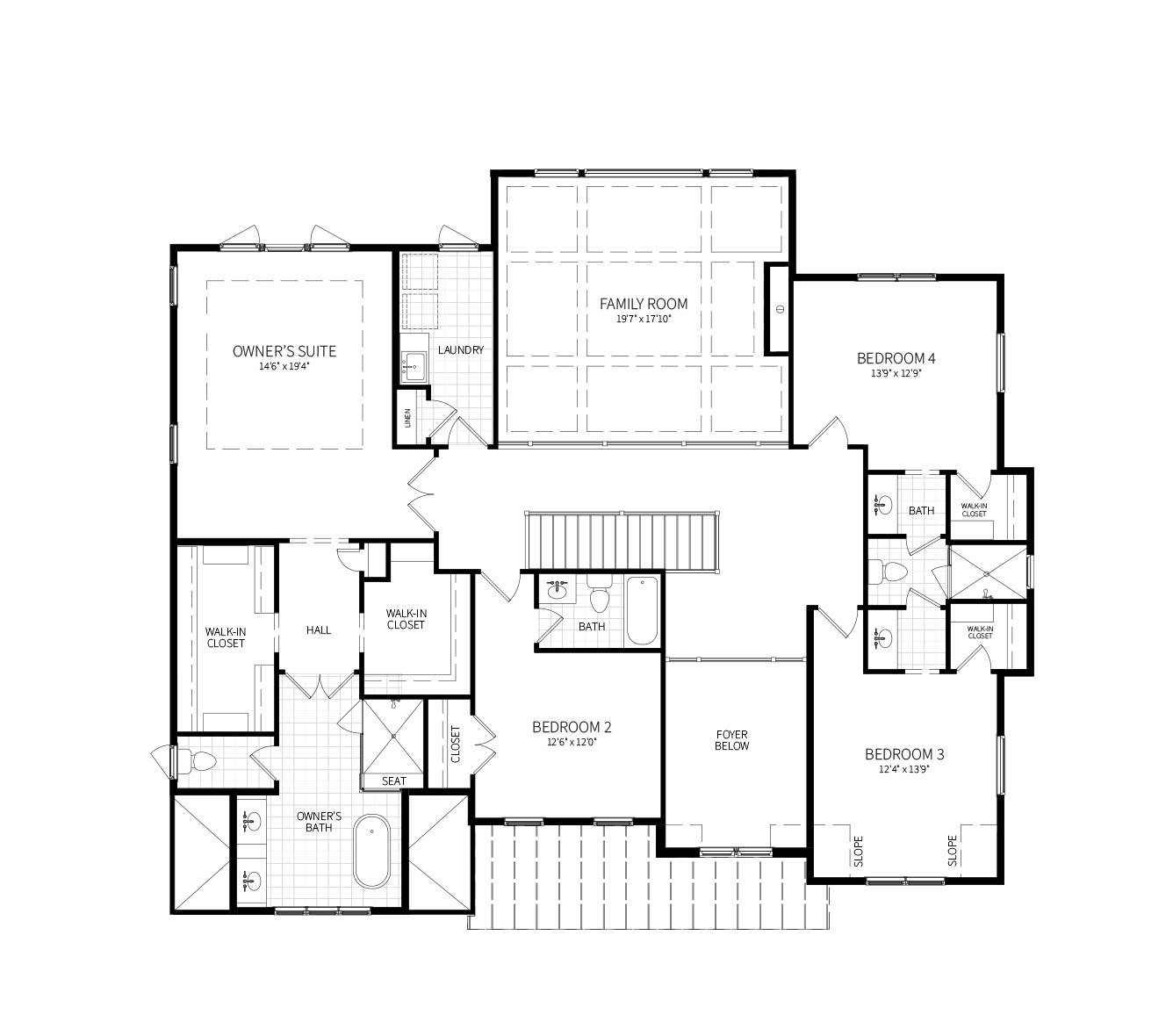 The second floor plan for 10301 South Glen Rd, expansive owners suite, 3 additional bedrooms, 2 baths