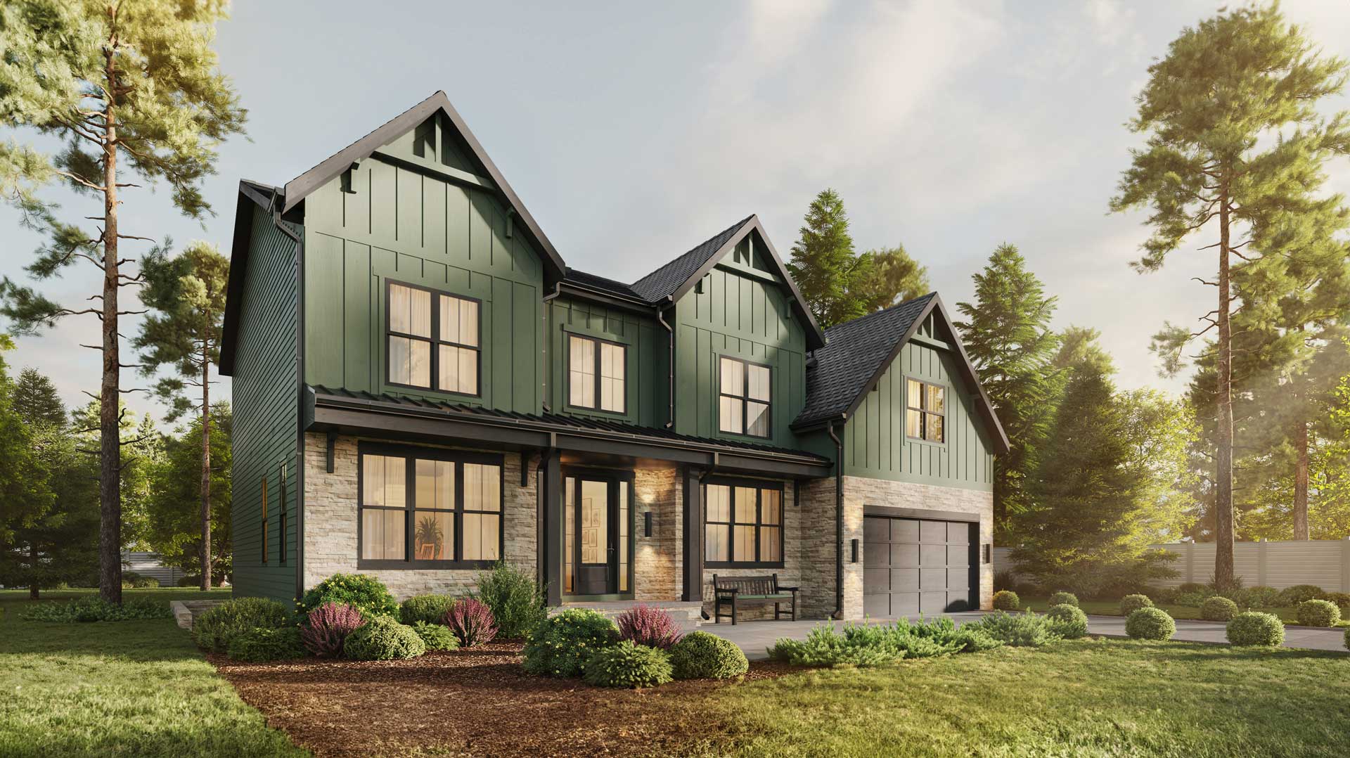 A modern farmhouse with green board and batten, dark brown windows and trim, and ledge stone.