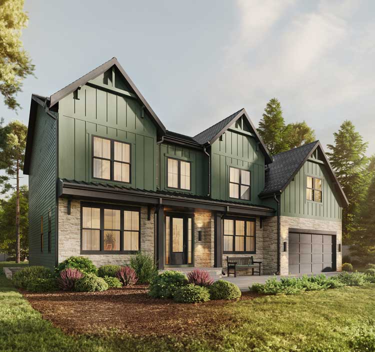 A modern farmhouse with green board and batten, dark brown windows and trim, and ledge stone.