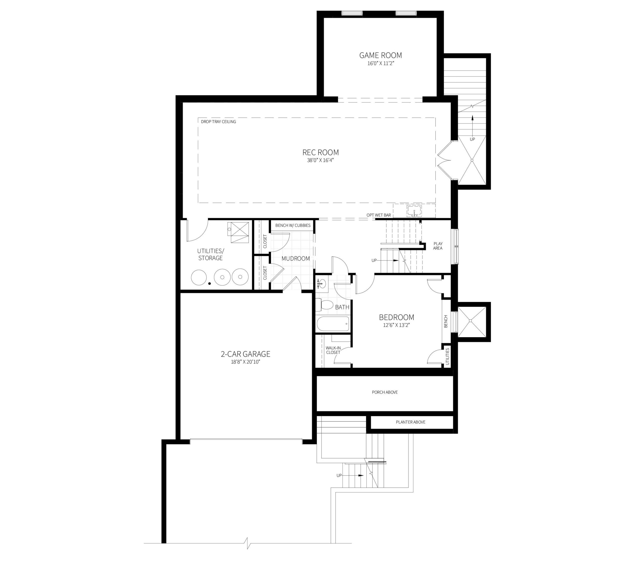The basement/garage level floor plan of the proposed home, showing a mudroom, bedroom and rec room.