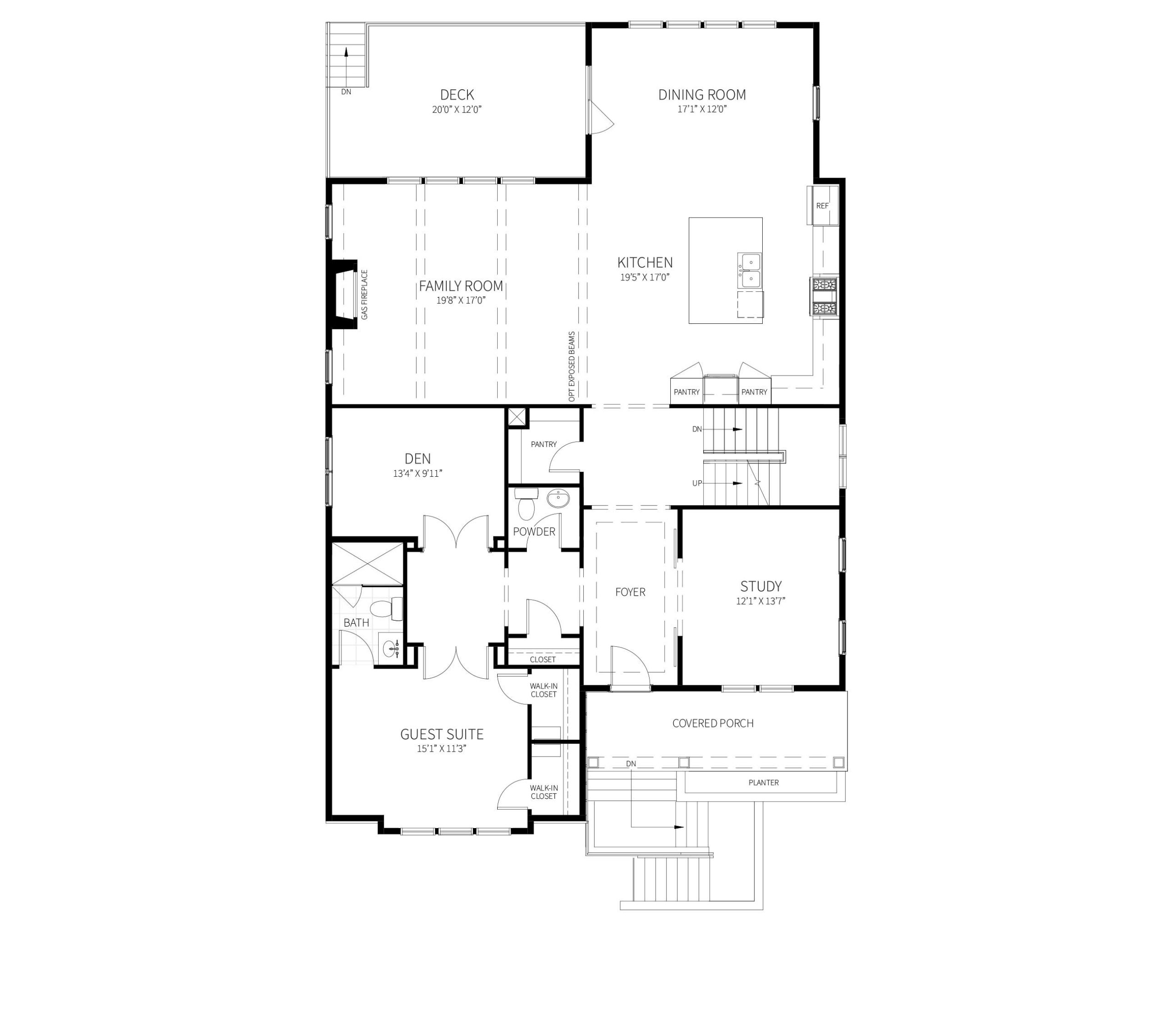 The main level plan for the proposed home, including Kitchen, Family Room and Guest Suite.