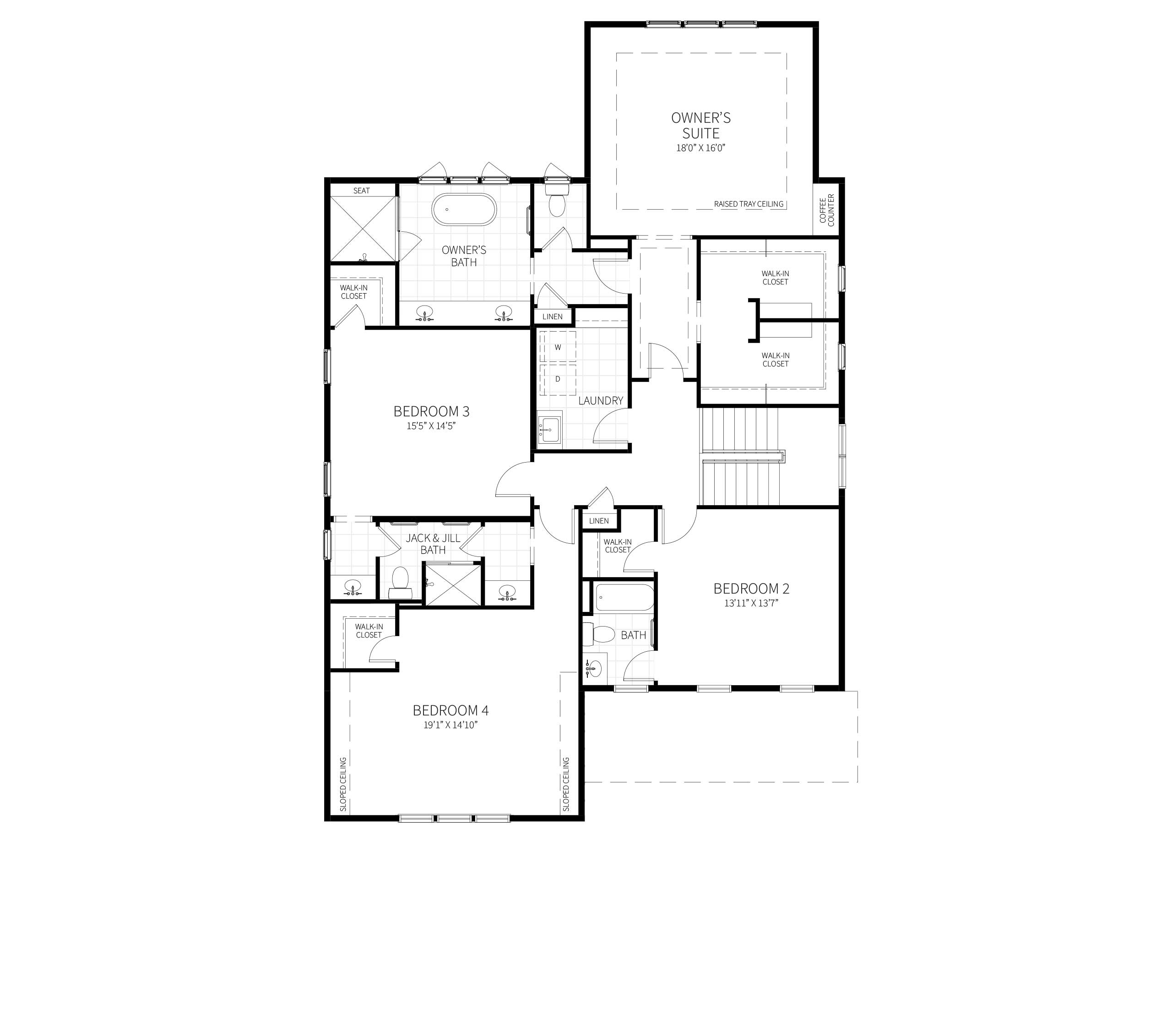 The upper level of the proposed home plan, with three bedrooms, and an expansive owner's suite.