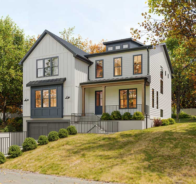 A modern farmhouse with drive under garage, white with dark windows and dark blue accents including window assembly and front door.