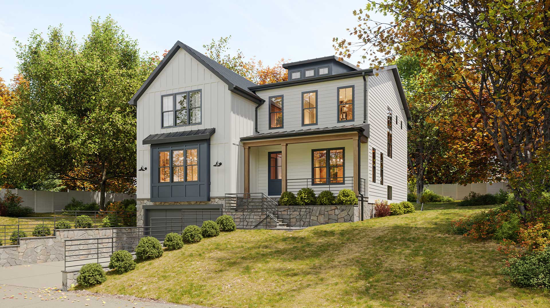 A modern farmhouse with drive under garage, white with dark windows and dark blue accents including window assembly and front door.