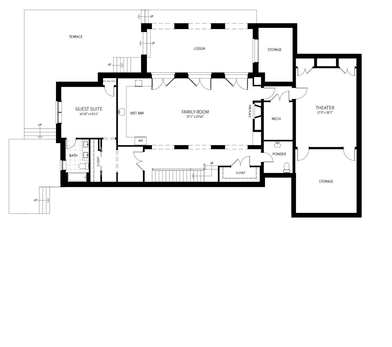 The lower level plan for the home proposed, including a Family Room, Theater, Full Guest Suite and Loggia.