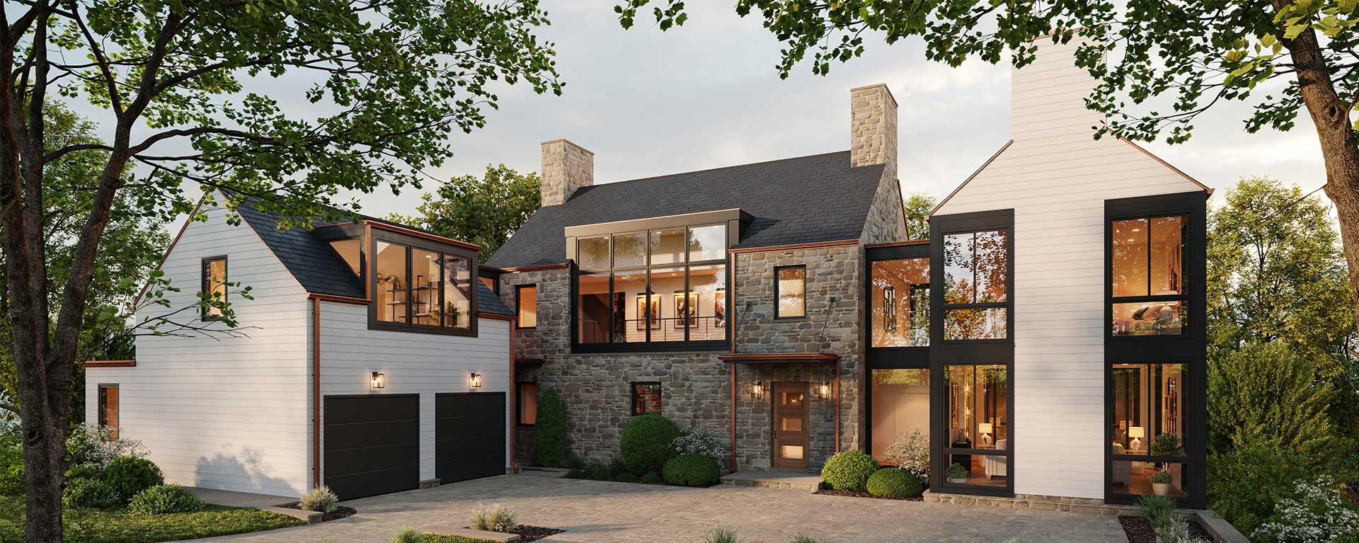 A custom home elevation in the contemporary cottage style, with natural elements of stone and copper mixed with modern design elements of large windows and block forms.