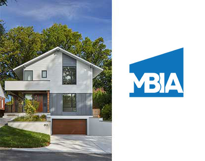 The logo for the Maryland Building Industry Association and a contemporary grey and white home