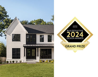 The Annapolis Magazine 2024 Grand Prize WInner logo and a white and black modern farmhouse