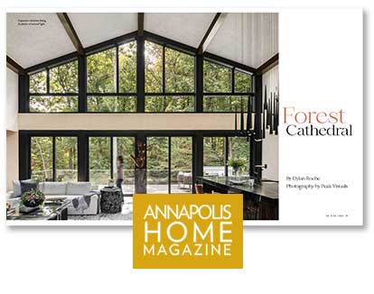 An image of a two page spread from Annapolis Home Magazine showing a wide photo of the family room and kitchen of our California Modern home.