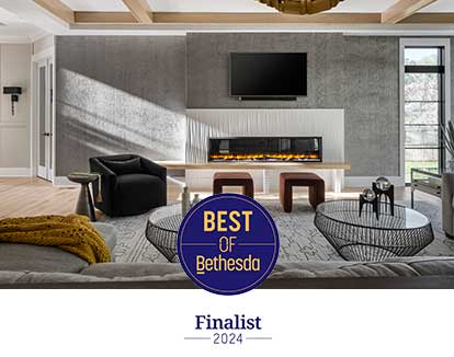 Best of Bethesda Finalist logo on a photo of a modern family room