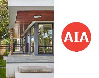A contemporary front porch and patio entry detail image next to the AIA logo