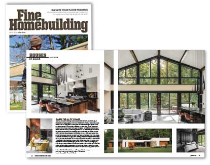 An image of an article in Fine Homebuilding magazine titled Gable Wall of Glass, cover underneath spread