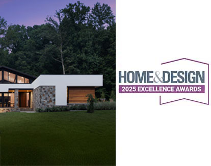 The Home & Design magazine logo and a contemporary home in stone, stucco and wood paneling.