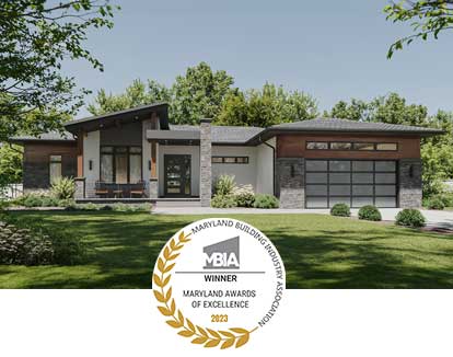 MBIA MAX Award logo in front of the Strathmore model's contemporary one level front elevation of stucco, ledge stone, wood paneling and smoked glass garage door.