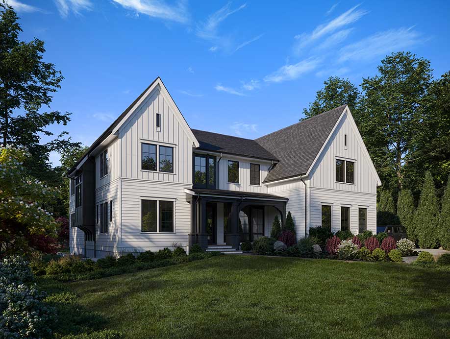 A modern farmhouse with white board and batten, white plank, dark accent panels and posts