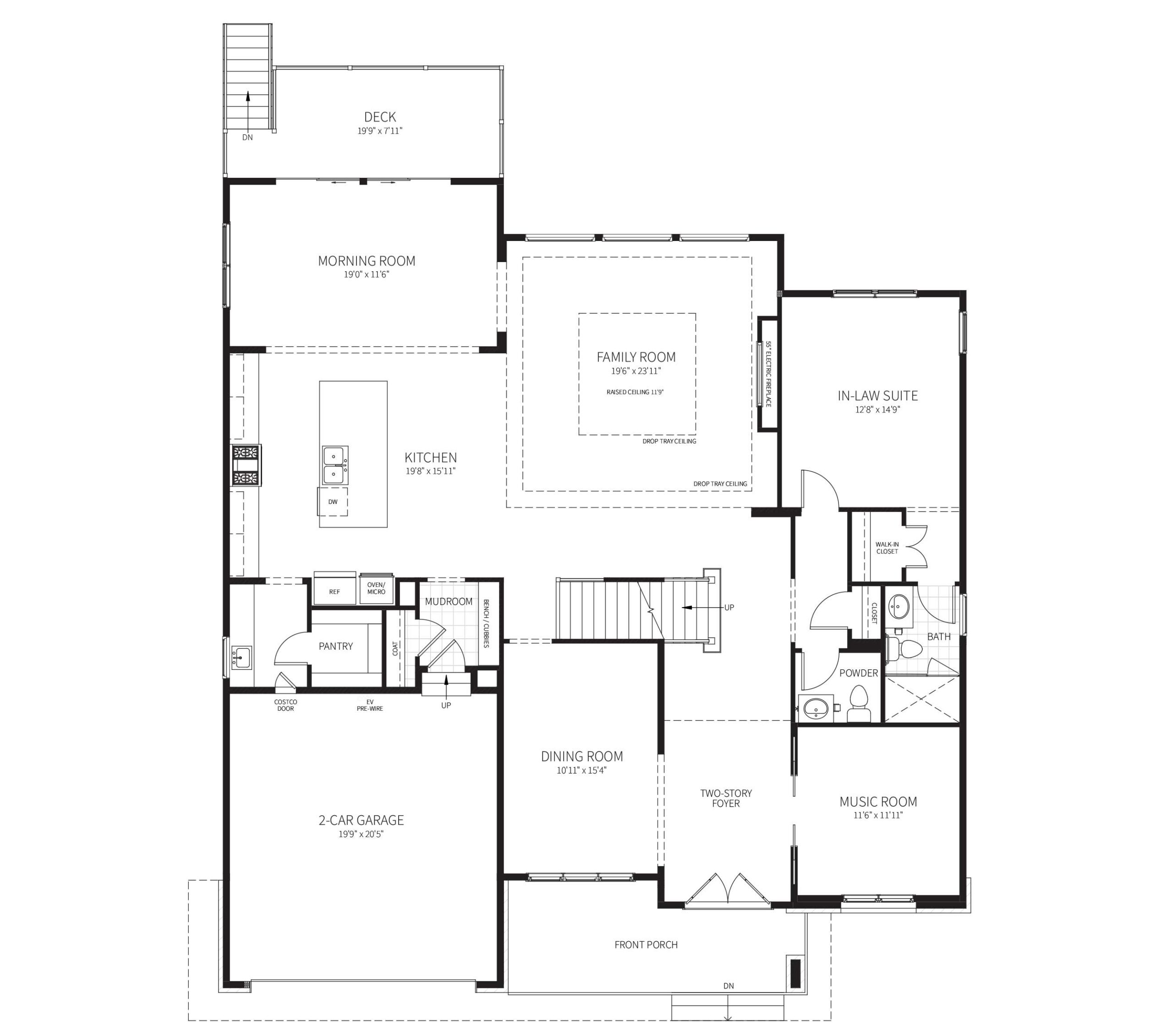 The first floor plan for the home under construction at 6519 Elgin Ln, includes In Law Suite and rear Deck.