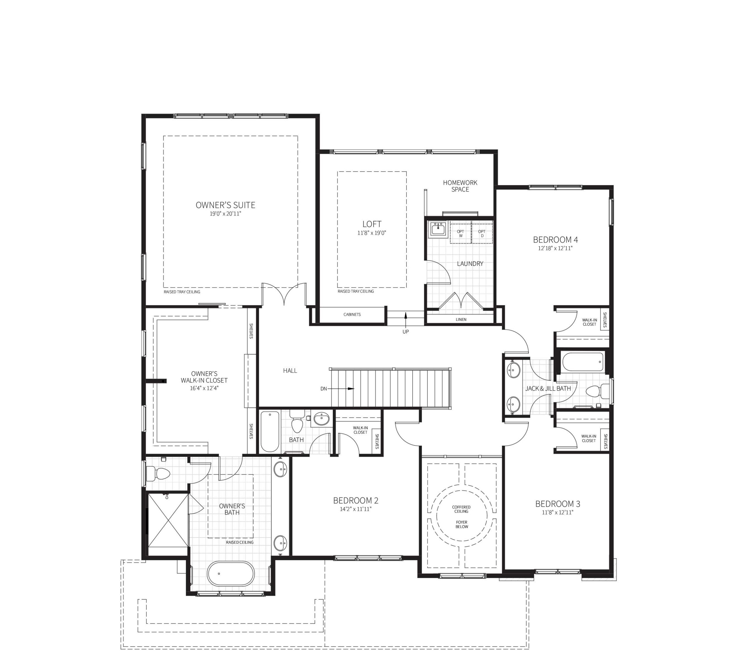The second floor plan of the home under construction at 6519 Elgin Ln including raised Loft and large Owner's Suite.