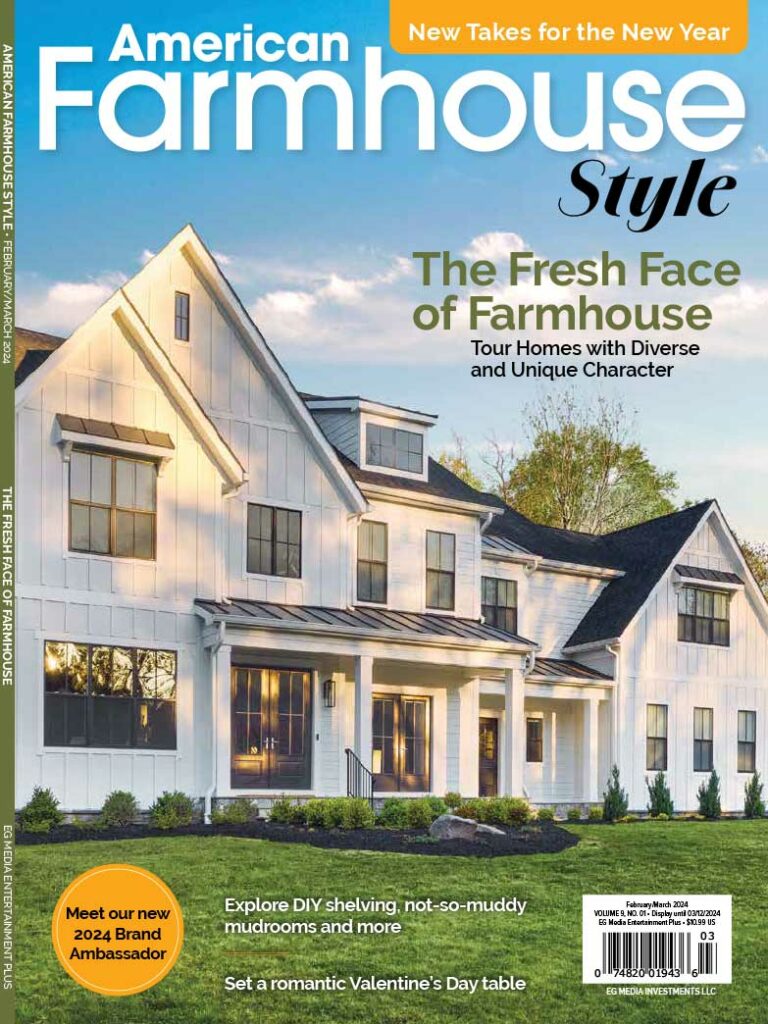The cover of American Farmhouse Style magazine's Feb/Mar 2024 issue, featuring a white modern farmhouse exterior and the headline "The Fresh Face of Farmhouse"