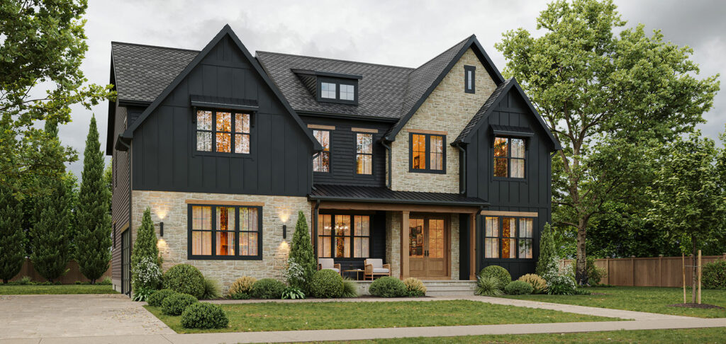 A modern farmhouse exterior in black board and batten and stone, with black windows and natural wood details.