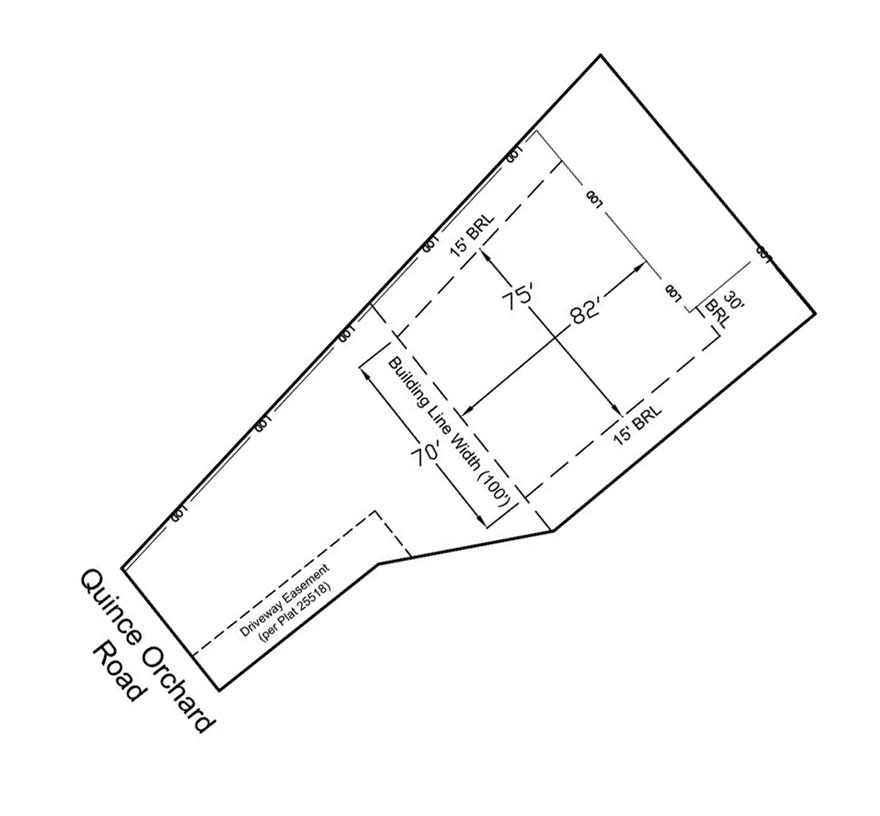 An engineering diagram showing the buildable area of a parcel of land, including restriction lines