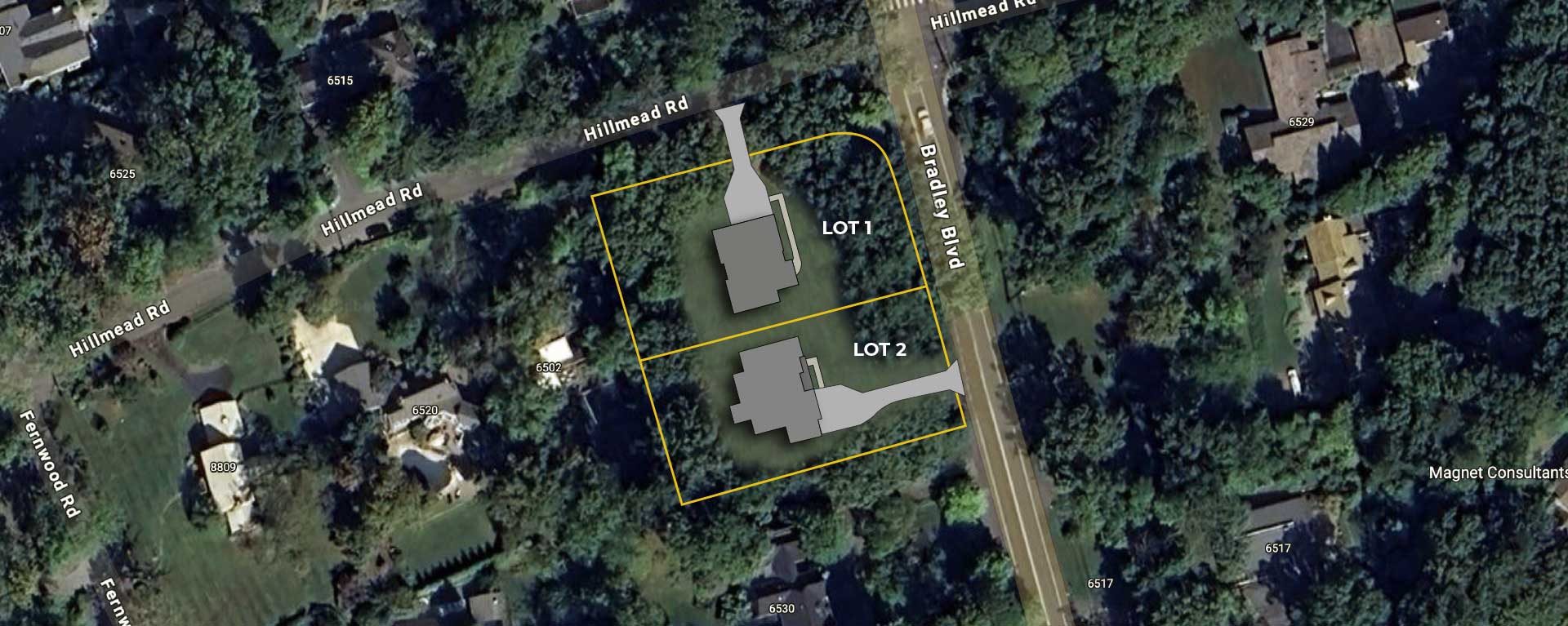 A siteplan showing a two-lot subdvision a the corner of Bradley Blvd and Hillmead Rd.