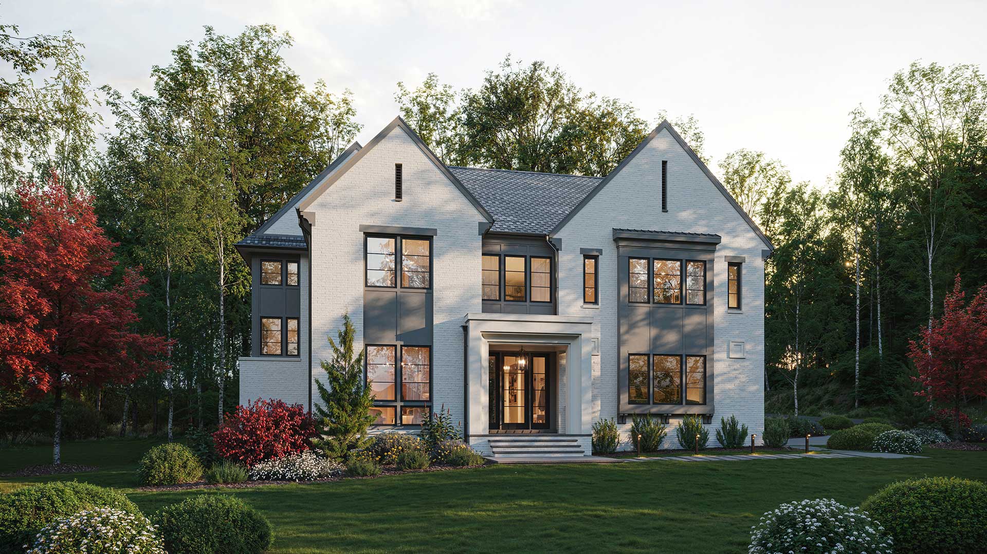 A tudor inspired front home elevation with white painted brick and custom patterned window assemblies