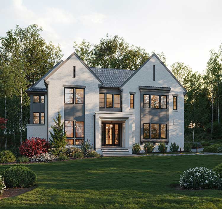 A tudor inspired front home elevation with white painted brick and custom patterned window assemblies