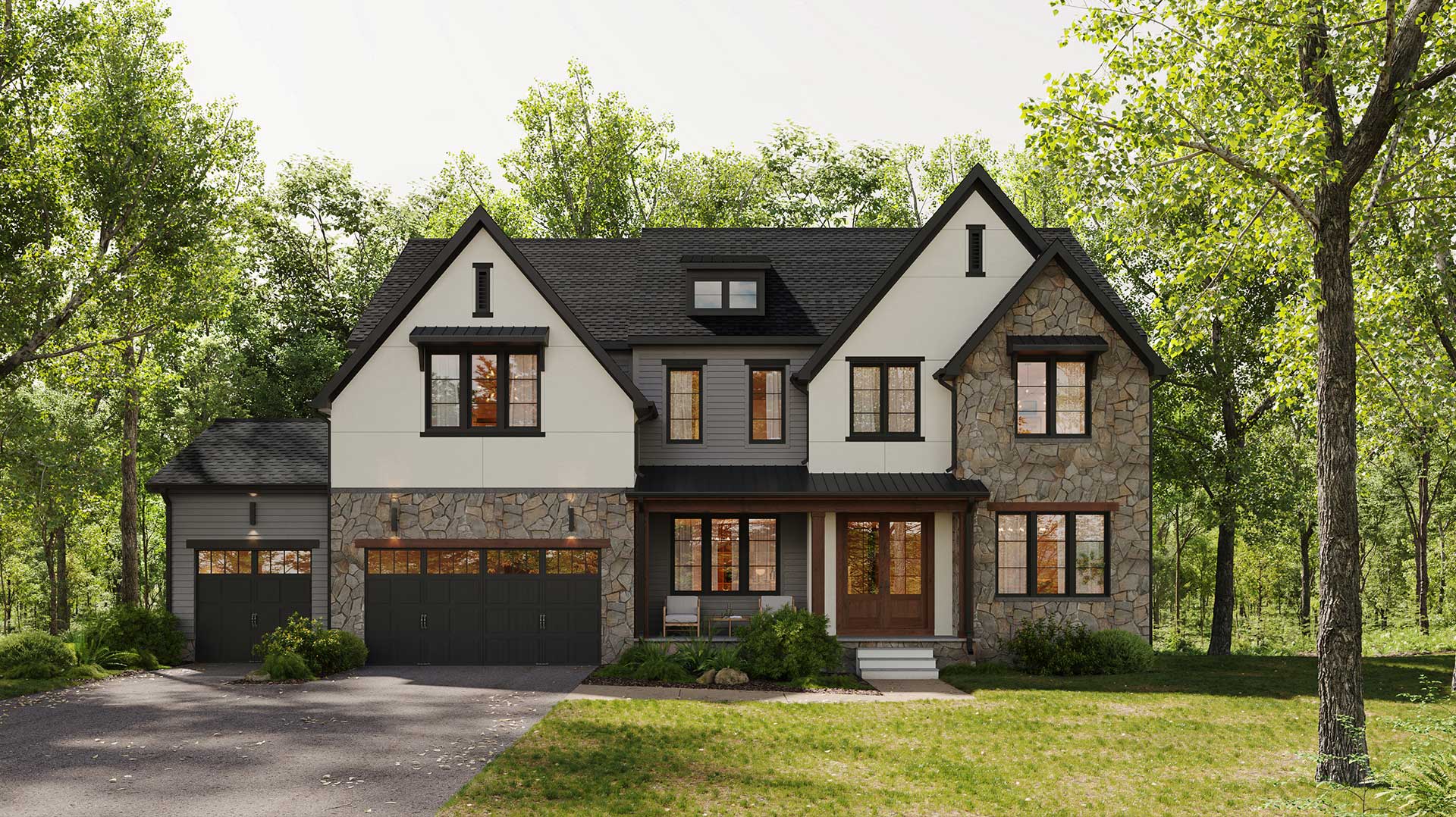 A front home exterior of white stucco, grey/brown stone, brown siding, dark brown and natural stained accents and doors i a wooded setting with a 3-car front load garage