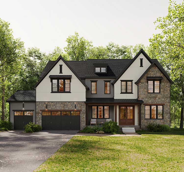 A front home exterior of white stucco, grey/brown stone, brown siding, dark brown and natural stained accents and doors i a wooded setting with a 3-car front load garage