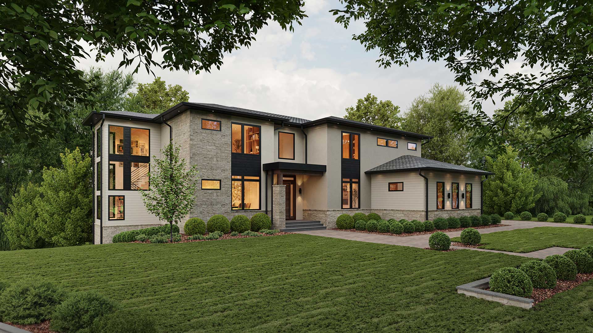 A contemporary home of geometric shapes, stone, stucco and siding, with a staircase exposed by large modern windows on the far left side.