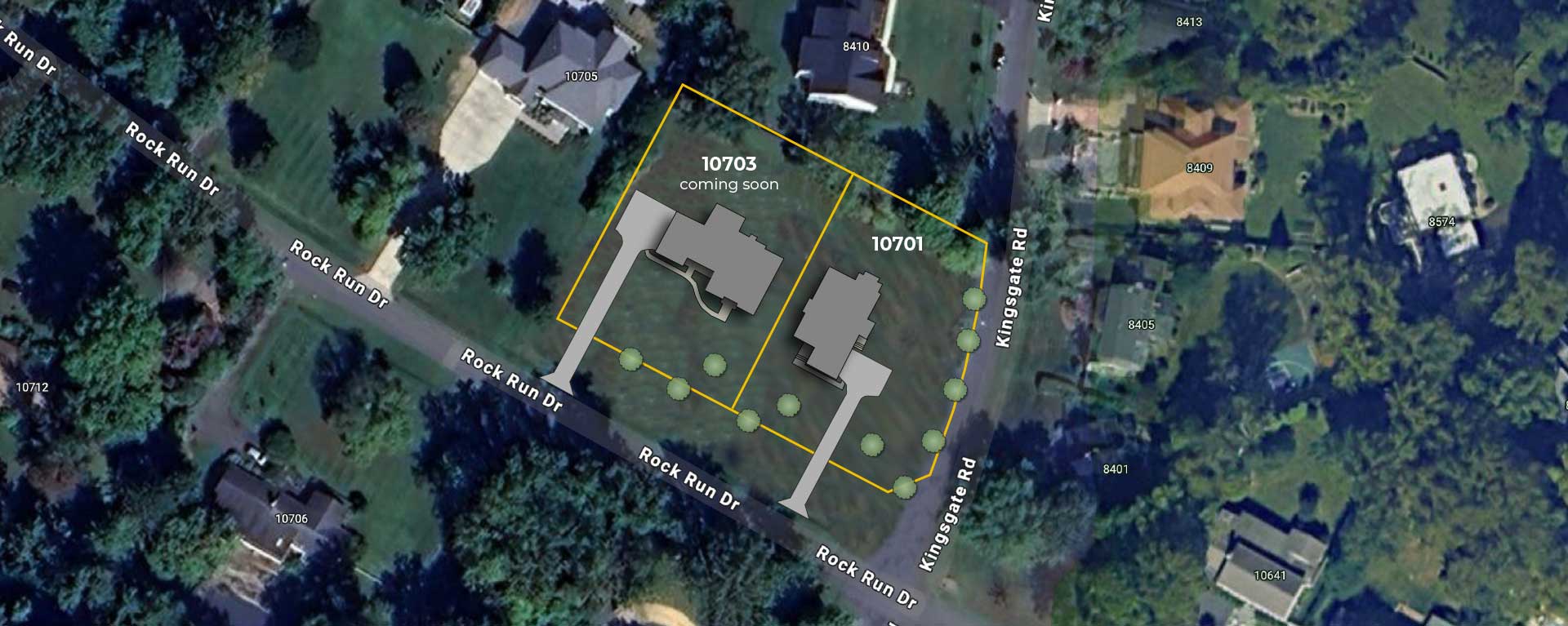 A satellite image showing the site plan for 10701 Rock Run Dr and 10703 Rock Run Dr coming soon