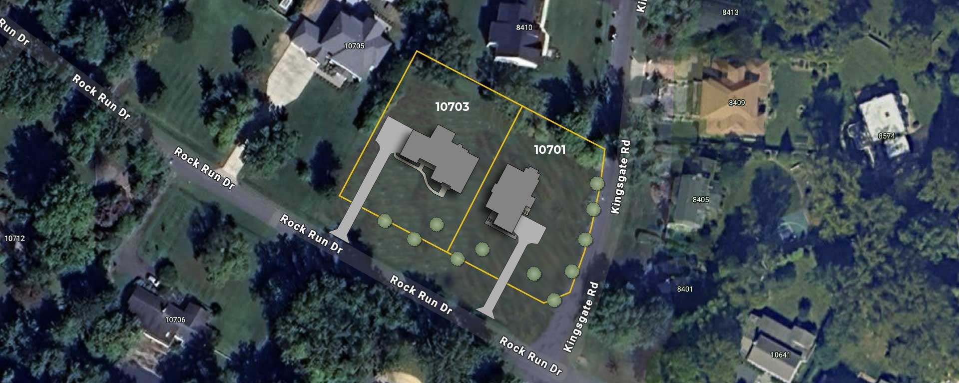 A satellite image showing the site plan for 10701 Rock Run Dr and 10703 Rock Run Dr coming soon