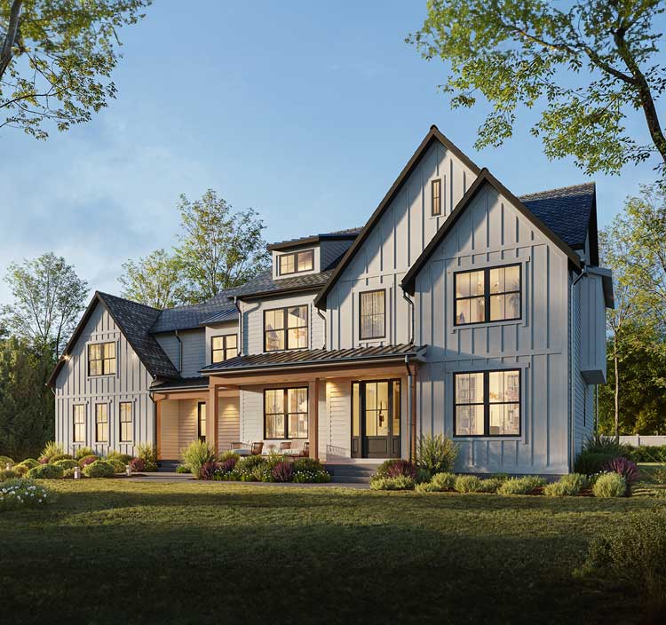 An expansive modern farmhouse with white board and batten, front and pedestrian entrance porches and natural stained posts.