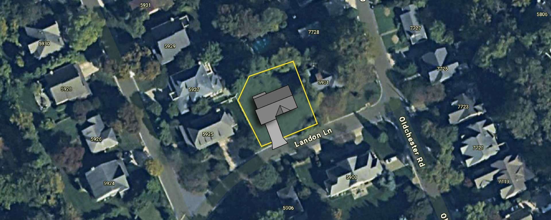 An aerial satellite image with the site outline and proposed home placed at 5905 Landon Ln