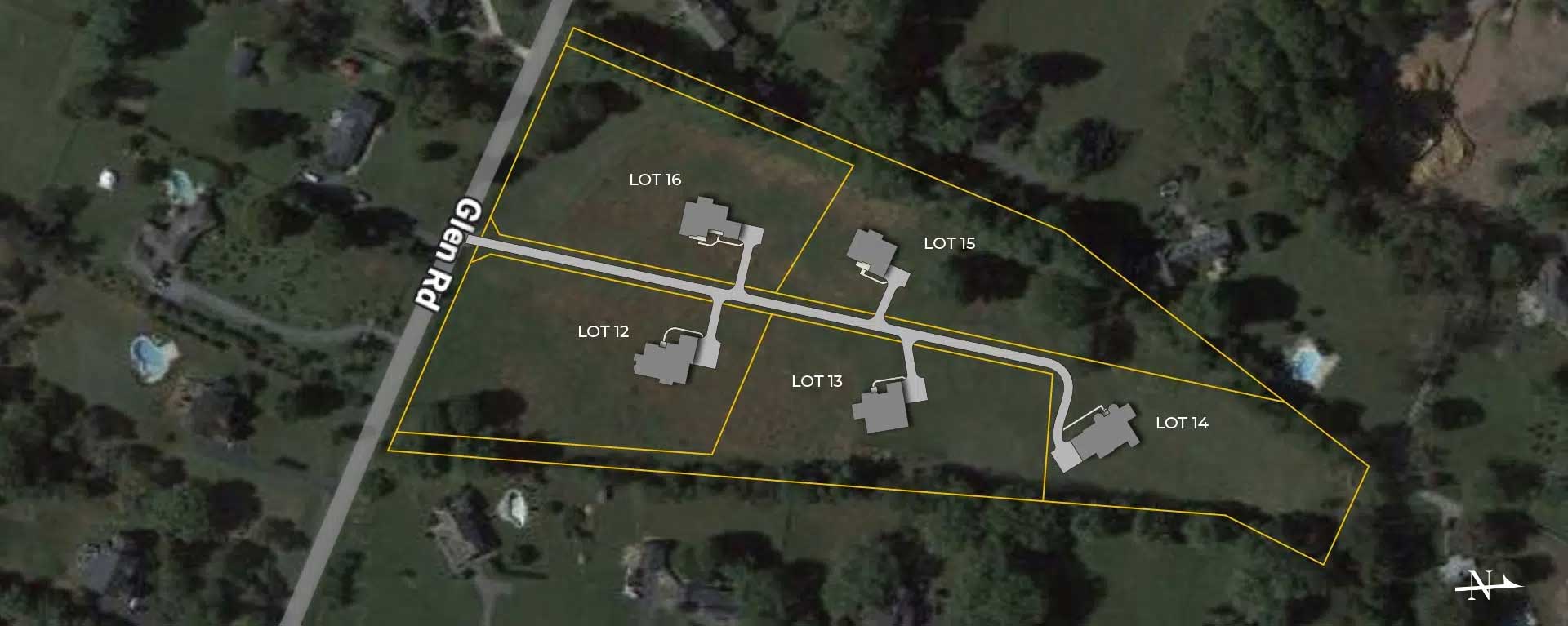 A site plan of a 5-lot subdivision superimposed on a satellite image, show the approximate placement and site lines, just off Glen Rd