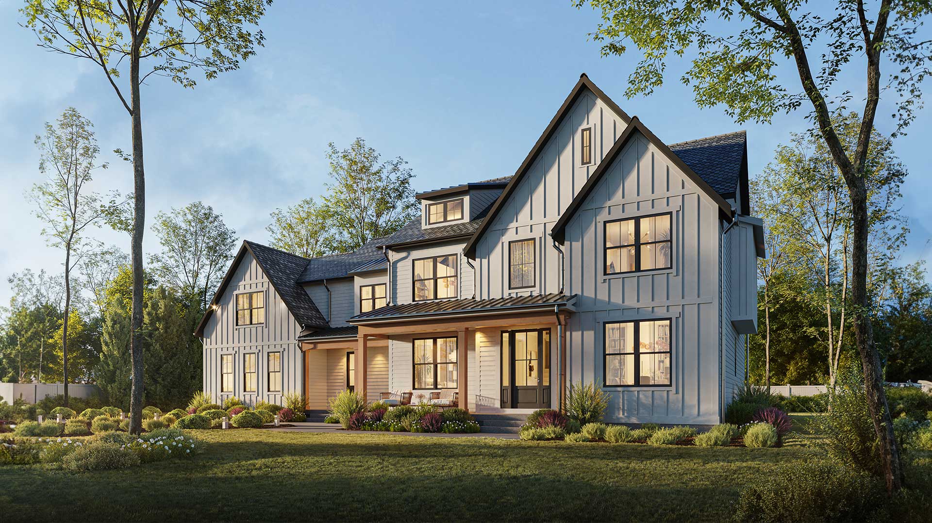 An expansive modern farmhouse with white board and batten, front and pedestrian entrance porches and natural stained posts.