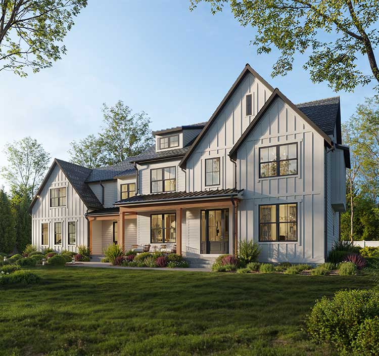 A large modern farmhouse style front elevation with two covered front entrance porches, white board and batten, dark windows and soffits, stained porch posts.