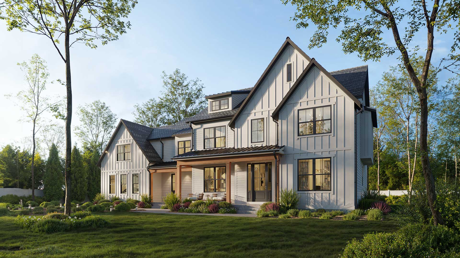 A large modern farmhouse style front elevation with two covered front entrance porches, white board and batten, dark windows and soffits, stained porch posts.