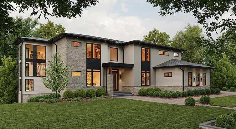 A contemporary home of geometric shapes, stone, stucco and siding, with a staircase exposed by large modern windows on the far left side.