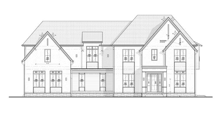 A black and white architectural drawing of a modern transitional estate with secondary pedestrian entrance, hip roof and custom paneling.