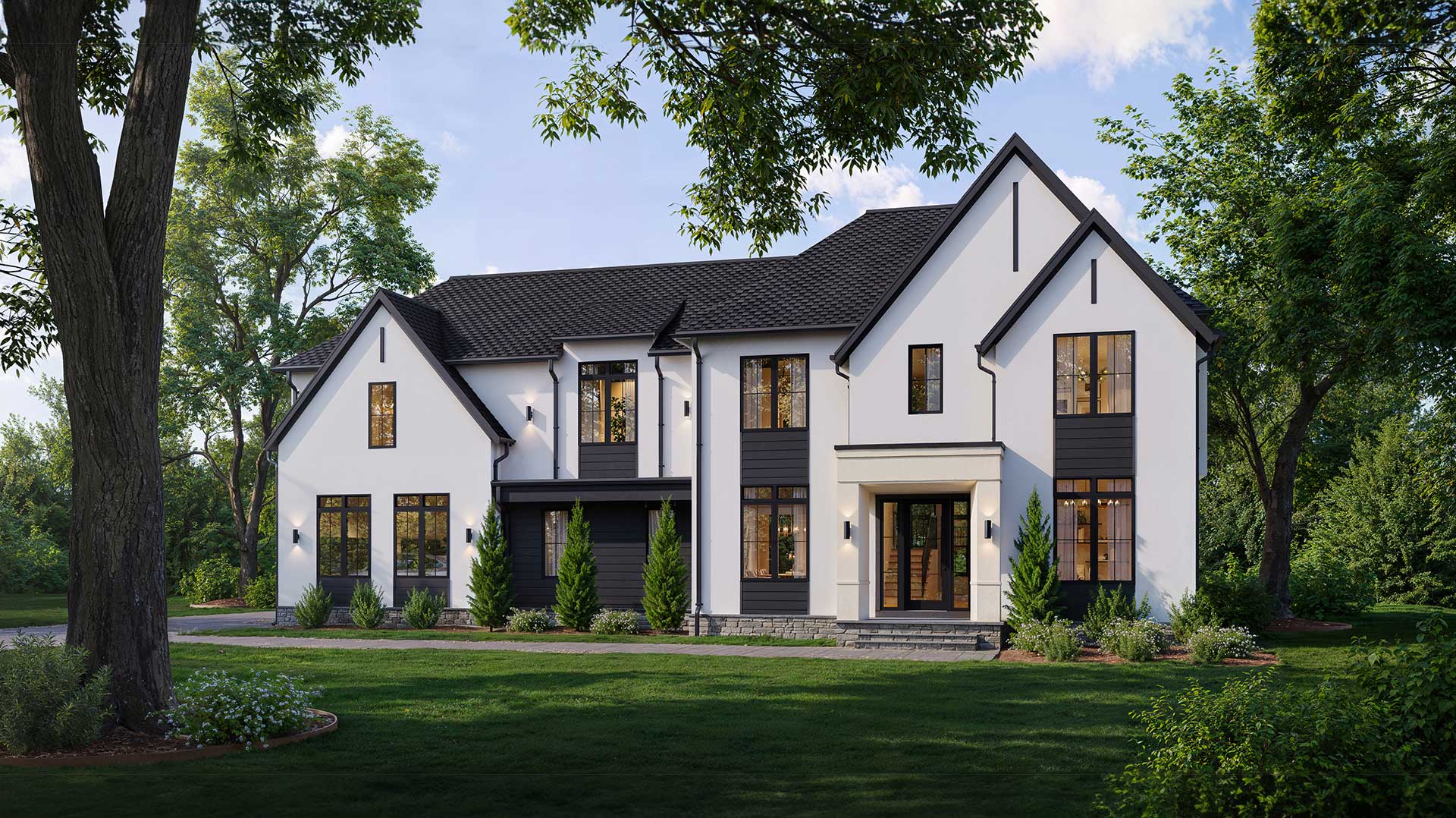 A transitional estate home in white stucco with dark paneling, casement windows, hip roof, and modern portico