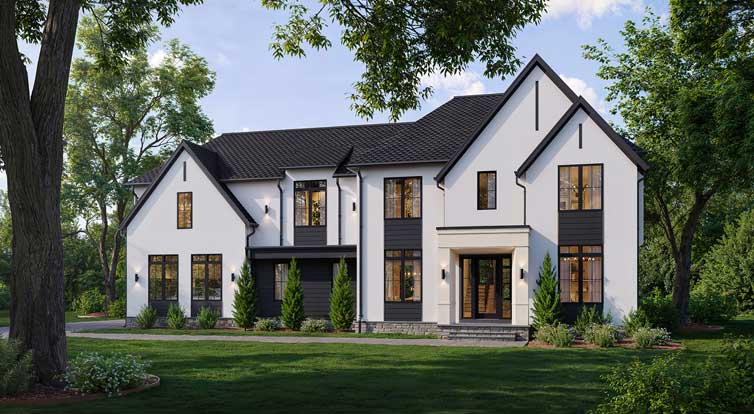 A transitional estate home in white stucco with dark paneling, casement windows, hip roof, and modern portico